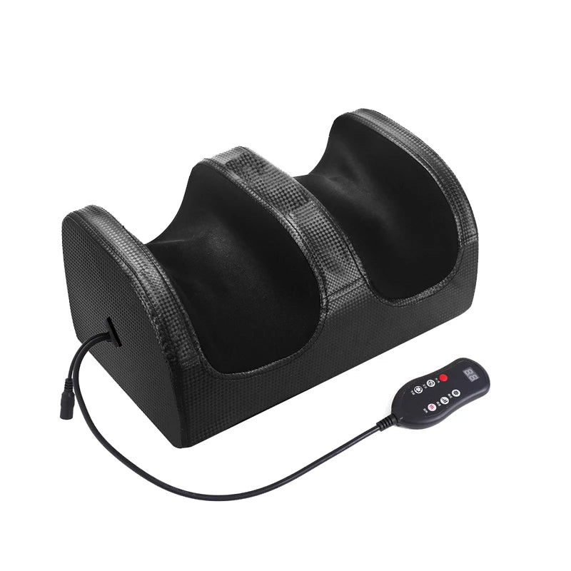 Black version of HOMEFISH foot massager with remote controller attached